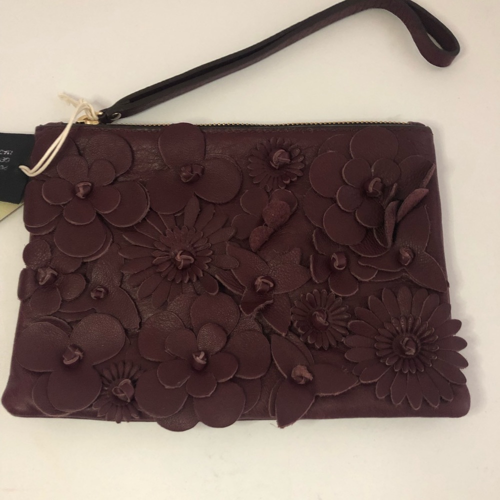Beautiful Burgundy 3D Floral Leather Wristlet NWT